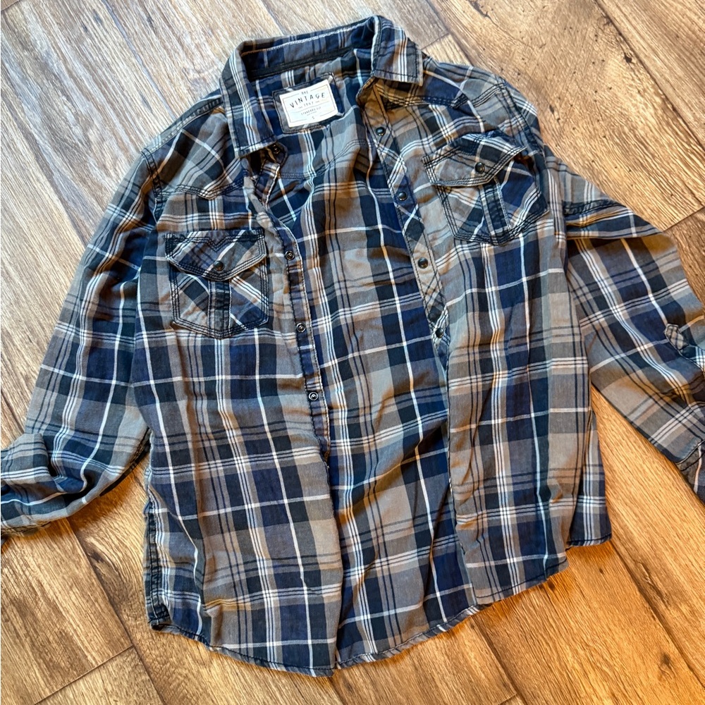 BKE Navy and Beige Plaid Shirt